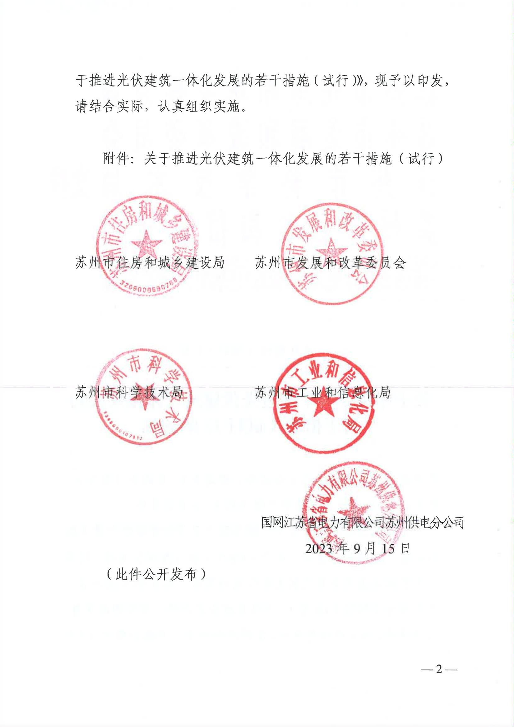 Scanned page from Suzhou's notice and trial measures promoting building-integrated photovoltaics, in Chinese; image 2 of 6.