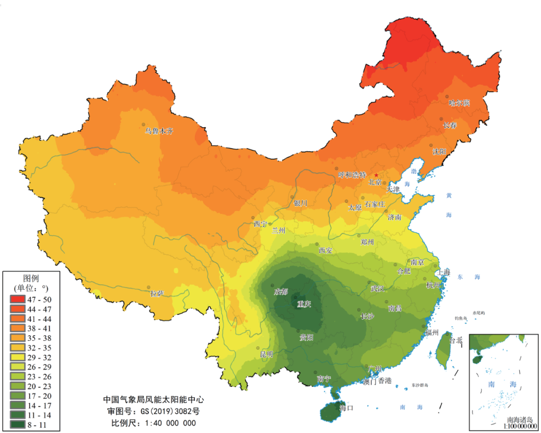 Map of optimal tilt angles for fixed photovoltaic panels across China.