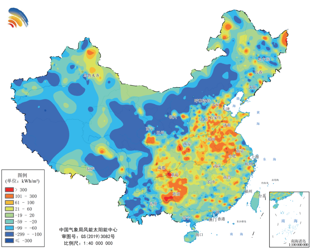 Map of 2024 solar irradiation anomalies on optimally tilted panels across China.