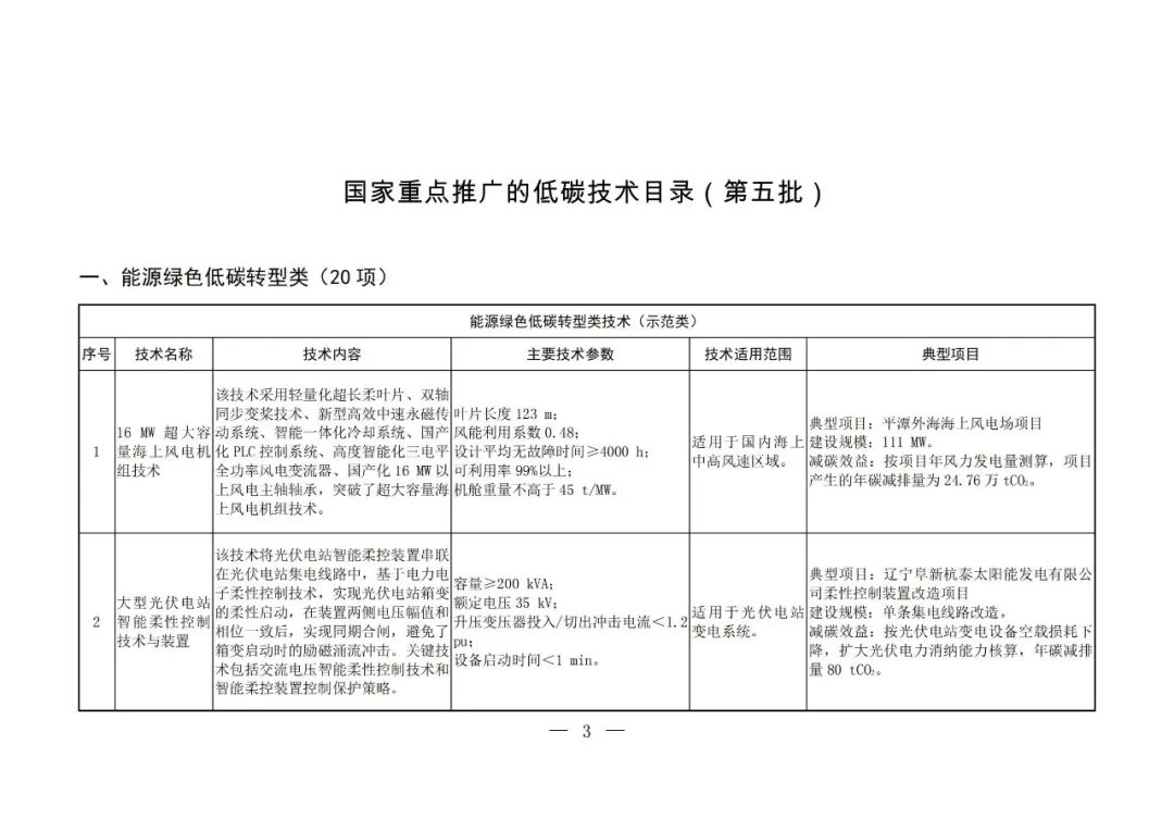 Chinese-language table from the fifth national low-carbon technology catalogue, showing offshore wind turbine and photovoltaic grid-control technologies.