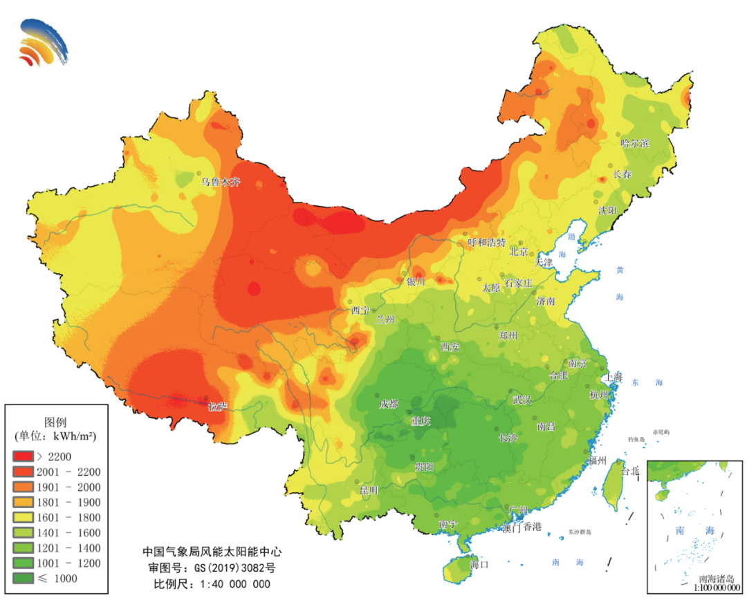 Map of annual horizontal solar irradiation across China in 2024, with higher values in western regions.
