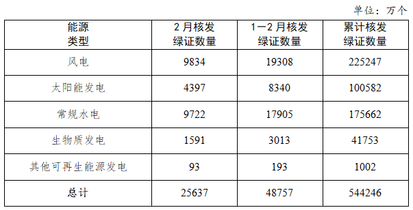 Table of renewable-electricity green certificate issuance in January–February 2025, by energy source