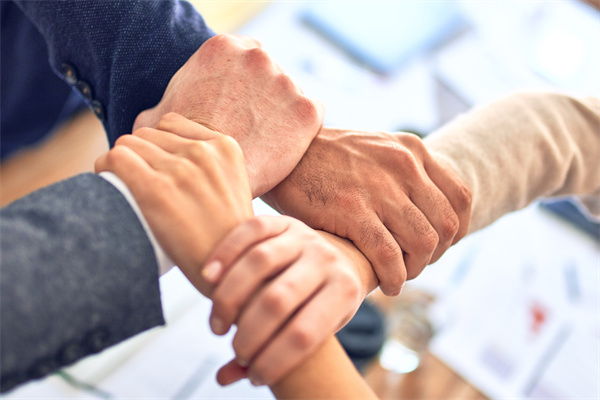 Colleagues joining hands in a gesture of teamwork.